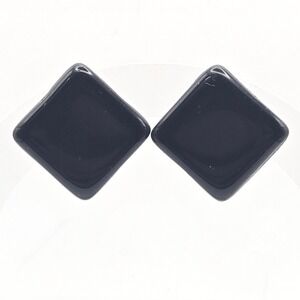 Miriam Haskell Vintage Black Glass Square Clip-Ons Screw-Back Earrings Gold Tone